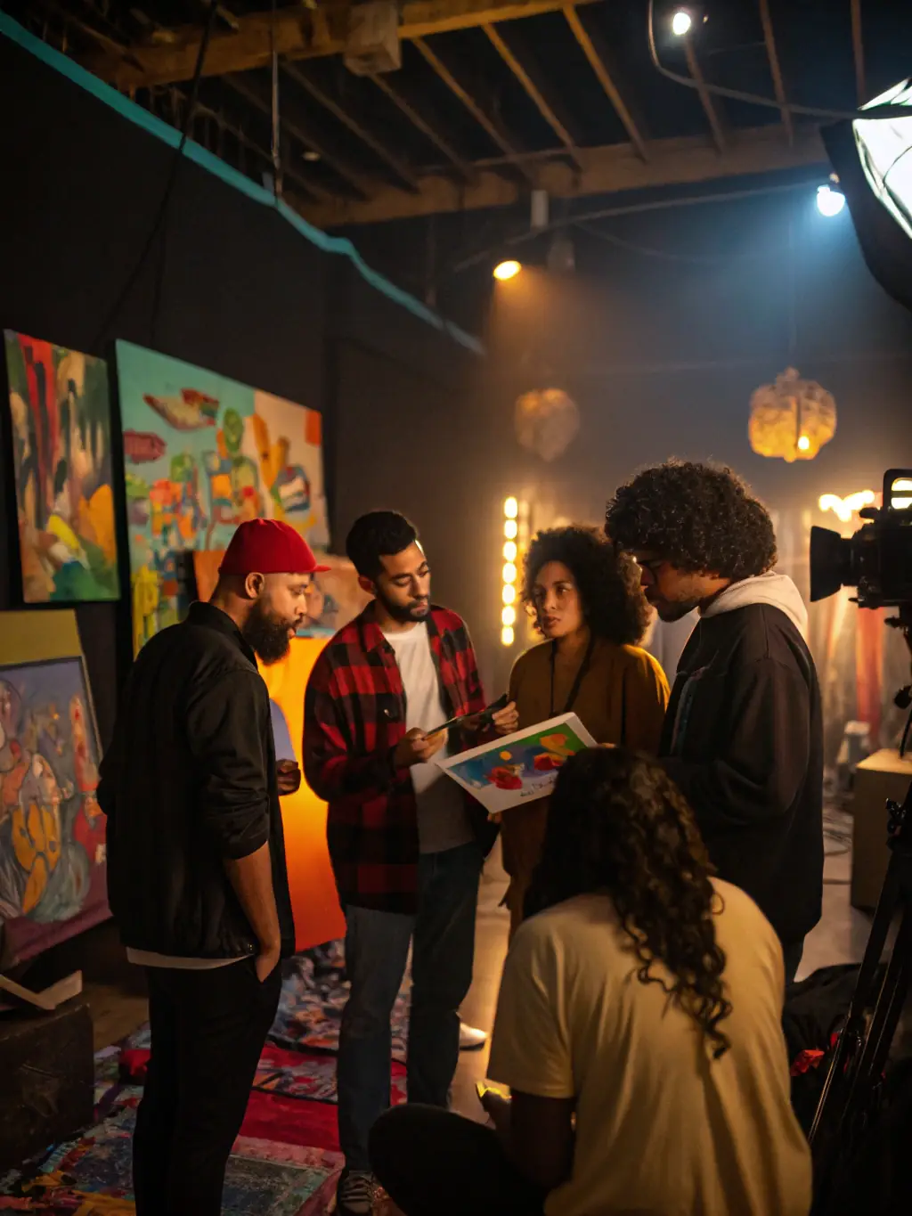 A vibrant image of a project management workshop in progress, with artists actively participating and collaborating on their projects, showcasing MYDL's commitment to artist development.